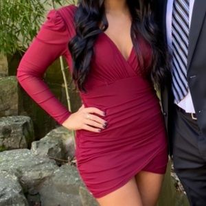 Ruched burgundy mini dress
